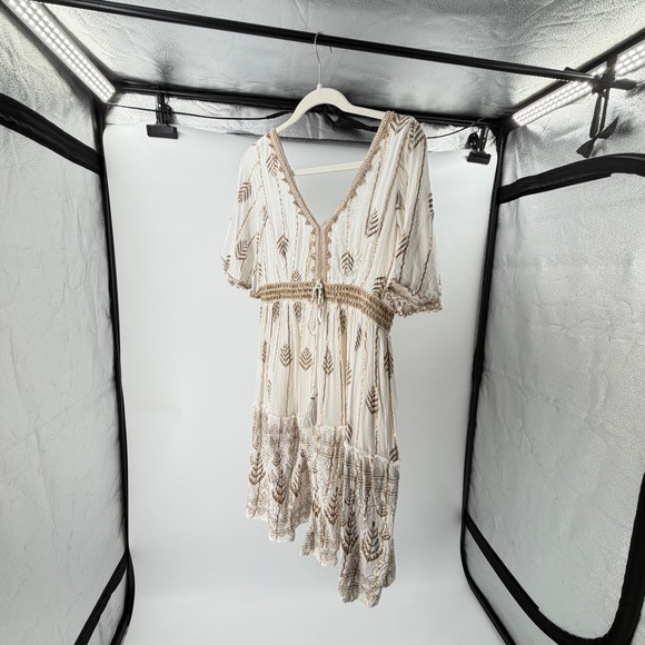 Ananta Dresses & Skirts - Ananta White‎ Gold Metallic Lurex Embroidered Boho Mini Dress S/M V-Neck Tassel